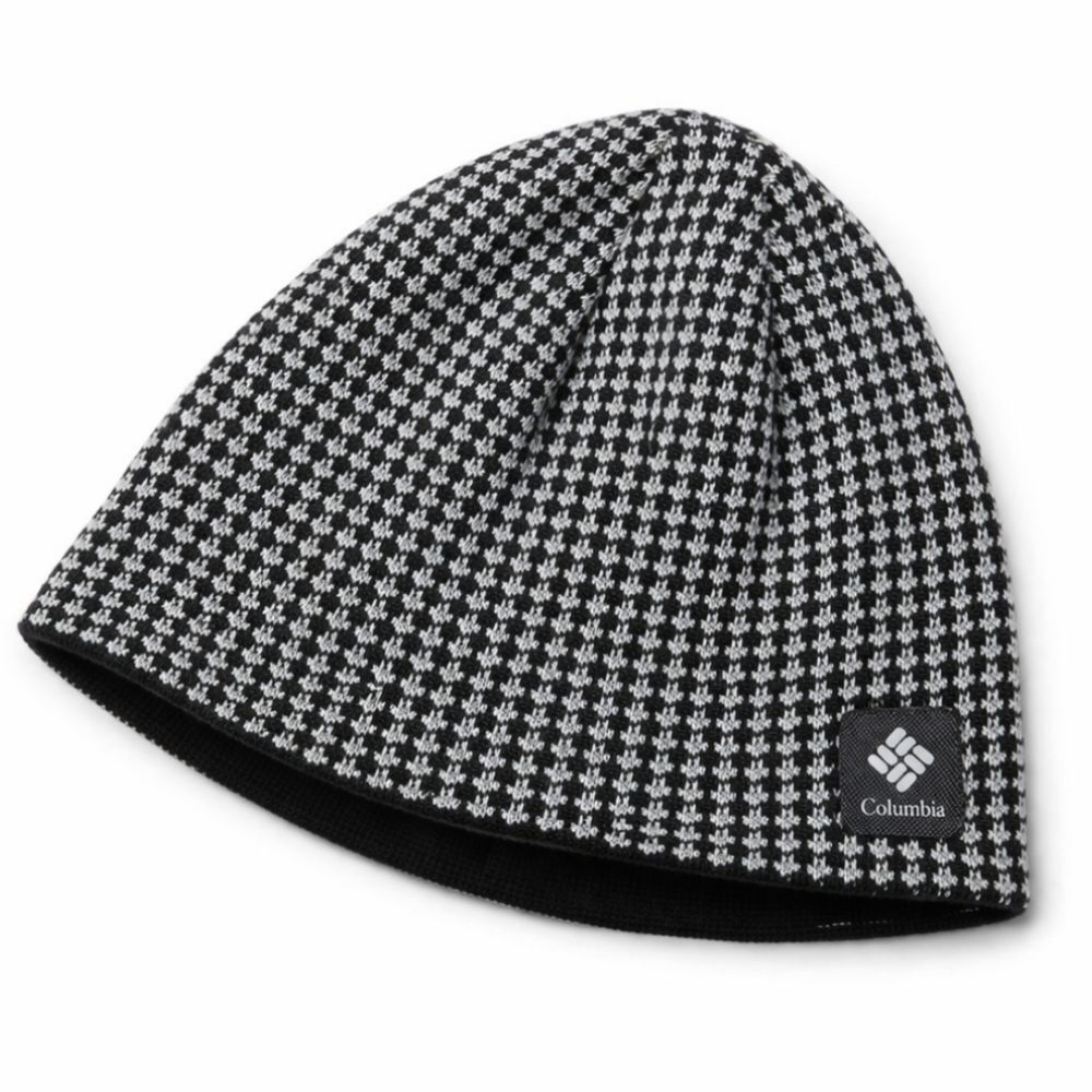 Columbia Reversible Knit Beanie Hat Black White Houndstooth Acrylic Winter Cap